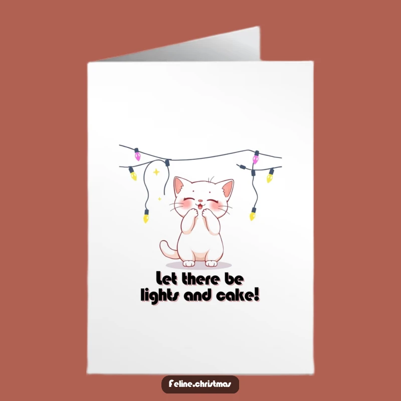Free Printable Birthday Card: Playful White Cat & Lights for a Bright Celebration!