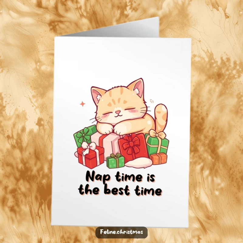 Funny Free Printable Birthday Card: A content cat snoozes peacefully on a cozy pile of red and green presents.