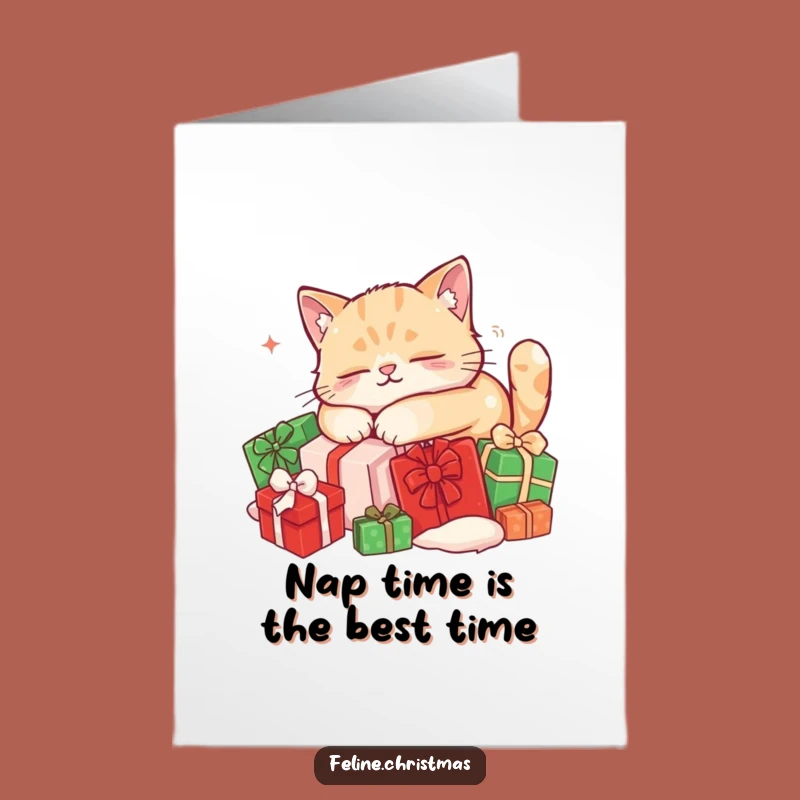 Free Printable Funny Birthday Card: Content Cat Snoozing on Presents Downloadable Gift