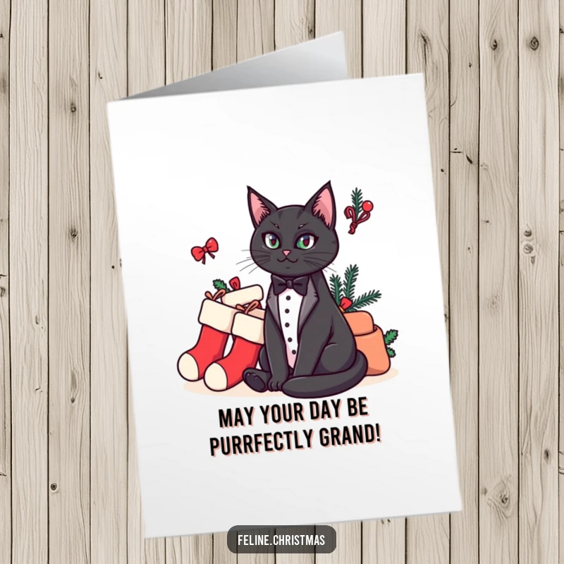 Funny Free Printable Birthday Card: Tuxedo cat sits regally next to a pile of Christmas stockings, looking smug.