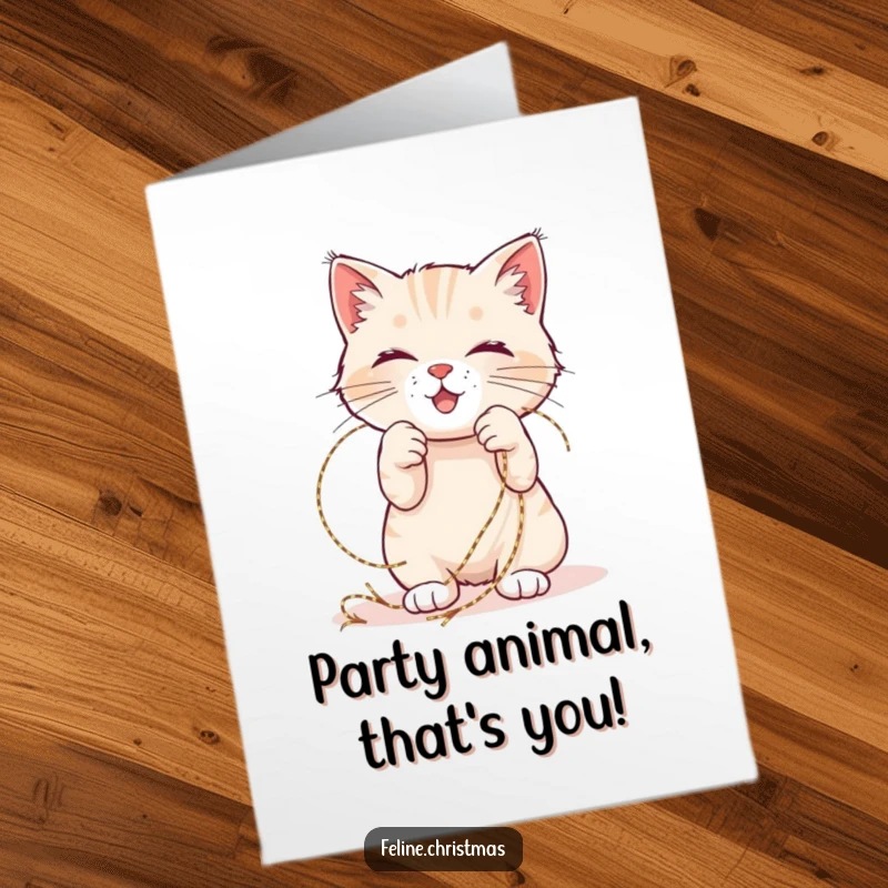 Funny Free Printable Birthday Card: Cat Happily Playing with Shimmering Tinsel, Full of Joy