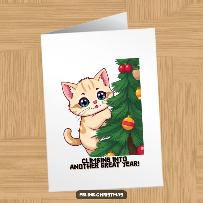 Funny Free Printable Birthday Card: Kawaii cat wide-eyed climbing a Christmas tree, a mischievous downloadable gift.