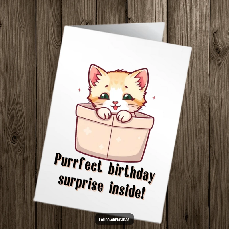 Funny free printable birthday card: A cute kitten is nestled happily inside an open gift box, ready to celebrate your birthday.