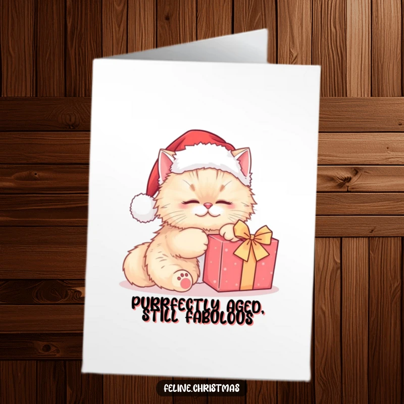 Funny free printable birthday card with a kawaii Persian cat in a Santa hat kneading a present, festive and cute.