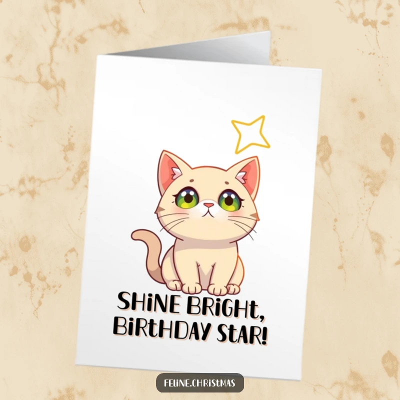 Free Printable Birthday Card: A cat with bright, curious eyes gazes up at a large, radiant shining star in a magical night sky.