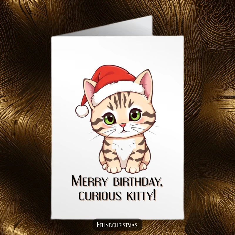Funny Free Printable Birthday Card: Tabby cat peeking out, wearing a tiny Santa hat with curiosity.