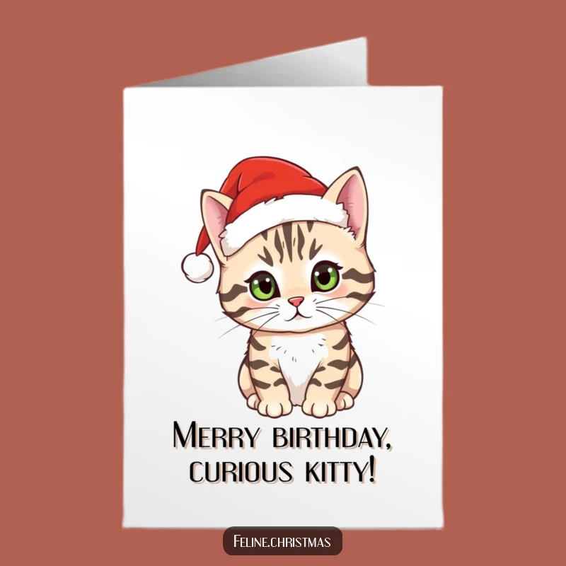Free Printable Tabby Cat Birthday Card: Curious Santa Kitty, Perfect Downloadable Gift