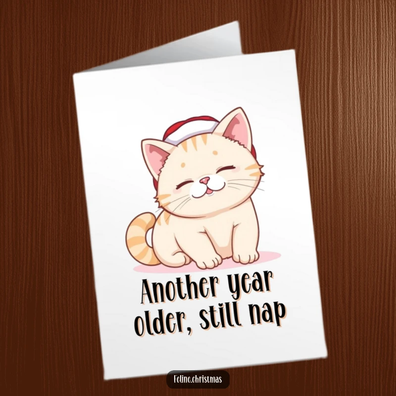 Funny Free Printable Birthday Card: A cat donning a tiny Santa hat stretches lazily with a contented smile.