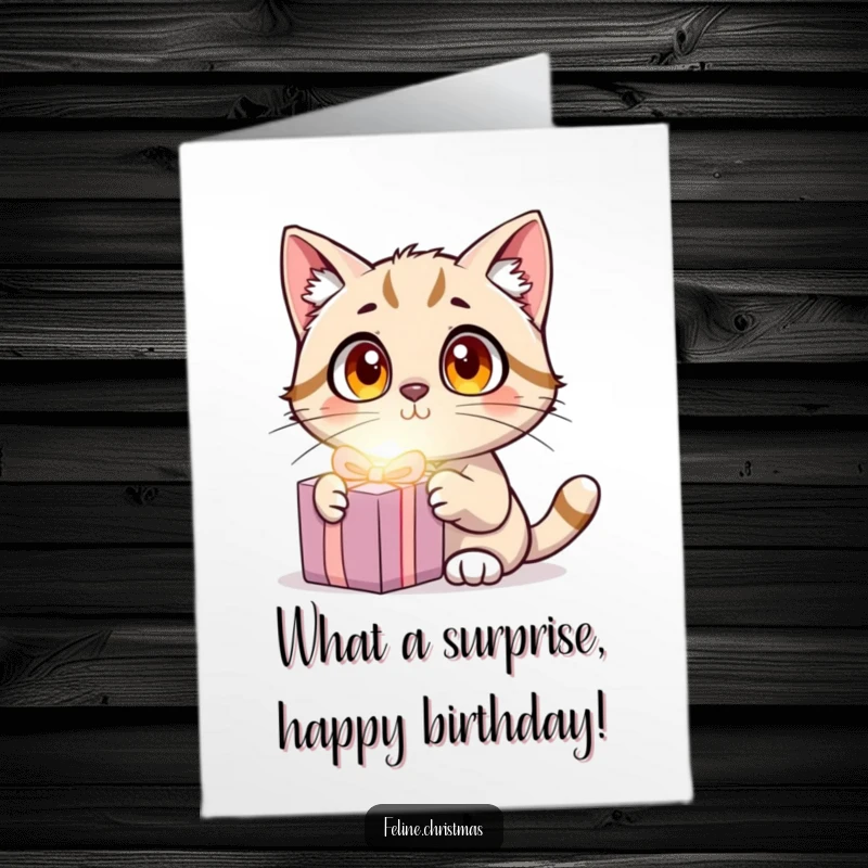 Funny Free Printable Birthday Card: A cat with wide, surprised eyes stares at a brightly glowing present, full of birthday wonder.