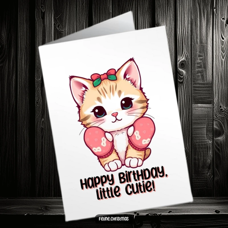 Funny Free Printable Birthday Card: Curious kawaii kitten in festive mittens, peeking with sweet charm.