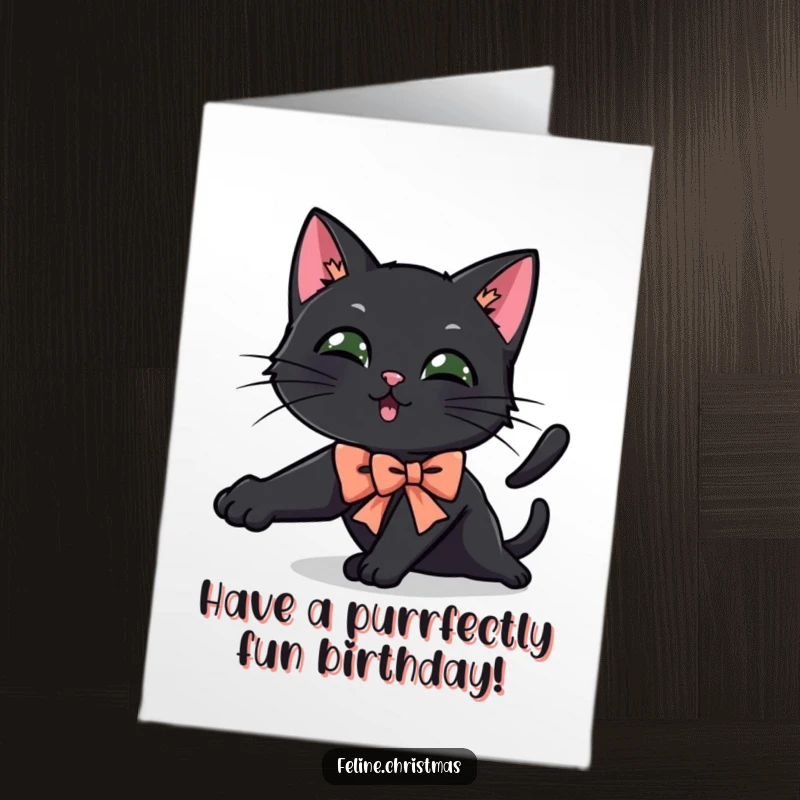 Funny Free Printable Birthday Card: Black cat wearing a festive bow, stretching out languidly.