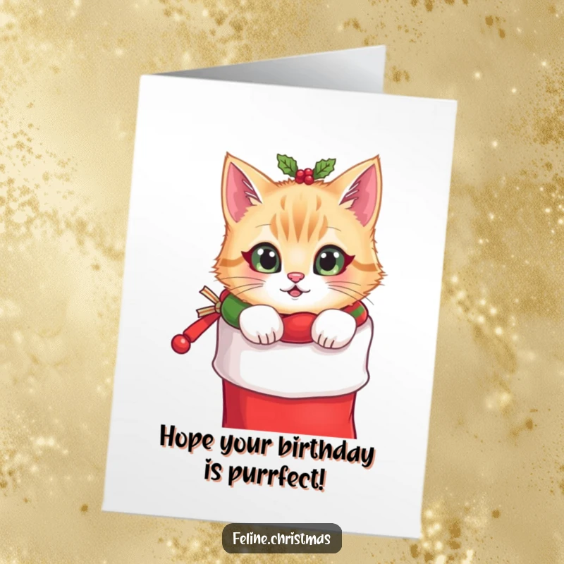Funny Free Printable Birthday Card: Cat with festive collar peeking curiously from a Christmas stocking.