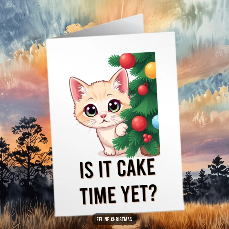 Funny Free Printable Birthday Card: Cat Peeking Behind Christmas Tree with Wide Eyes, Ready to Pounce