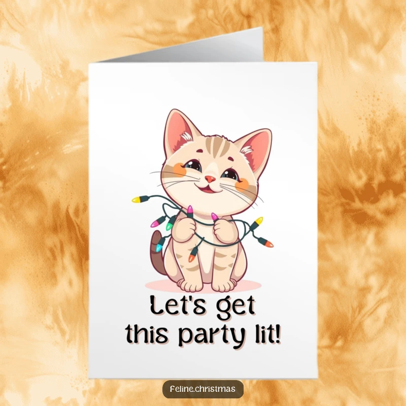 Funny Free Printable Birthday Card: A playful cat with perked ears is hilariously tangled in festive string lights.