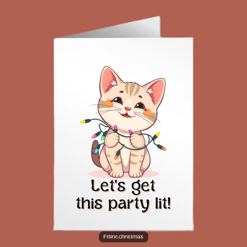 Free Printable Funny Birthday Card: Playful Cat Lights Tangle Downloadable Gift