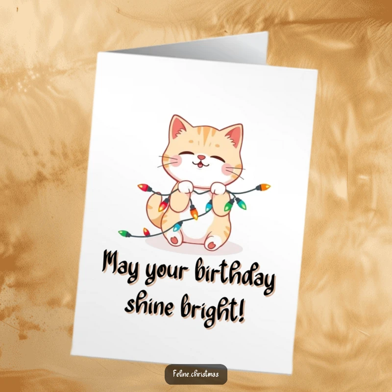 Funny Free Printable Birthday Card: Kawaii cat tangled in Christmas lights, playfully wrestling, ready to send festive cheer.