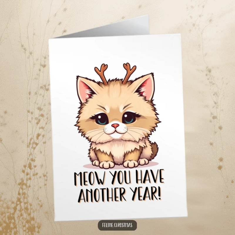 Funny Free Printable Birthday Card: A fluffy cat with tiny reindeer antlers has a mischievous, birthday-ready look.