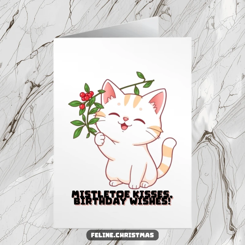 Funny Free Printable Birthday Card: A cheerful cat with a smile, playfully batting at a hanging mistletoe sprig, ready for fun.