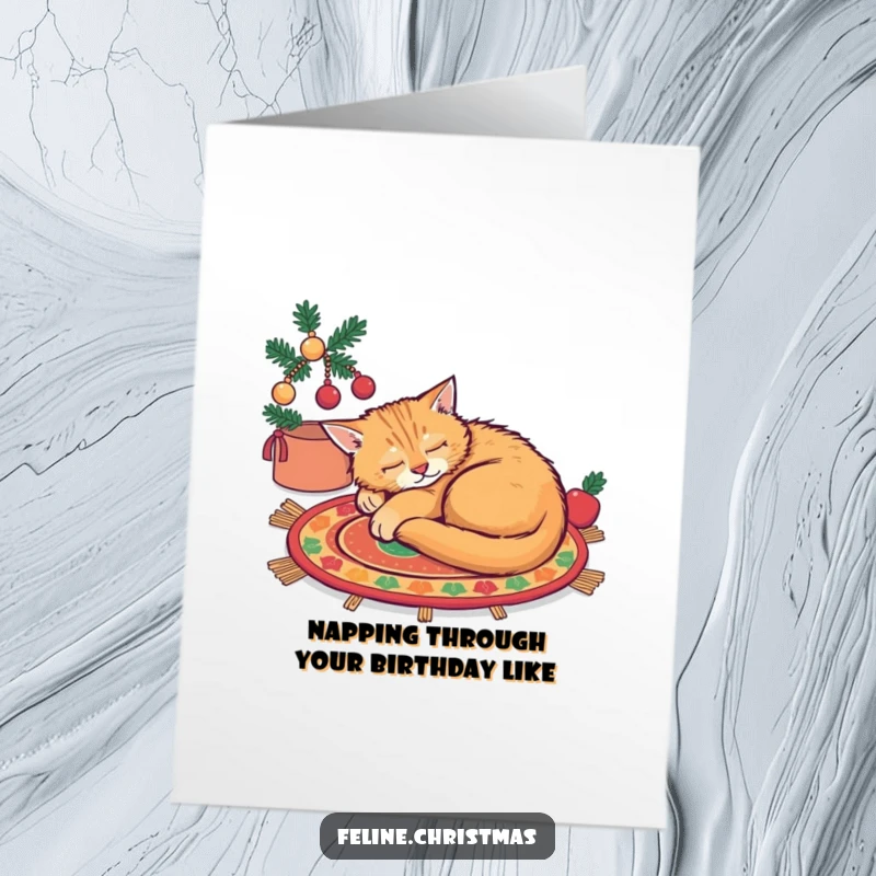 Funny free printable birthday card of a content ginger cat peacefully curled up asleep on a vibrantly patterned festive rug.