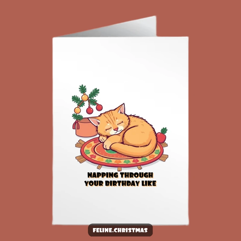 Free Printable Birthday Card: Sleepy Ginger Cat on Rug for Cozy Wishes!