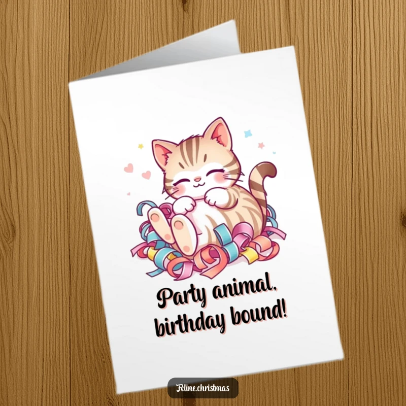 Funny Free Printable Striped Cat Birthday Card of a cute cat rolling happily in festive ribbon.