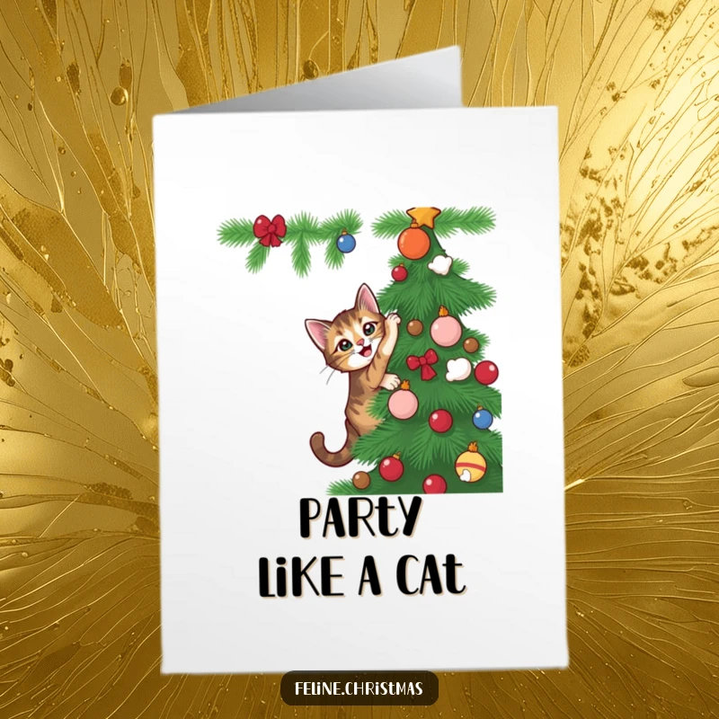 Funny Free Printable Birthday Card of a tabby cat playfully climbing a Christmas tree, a delightful downloadable greeting.