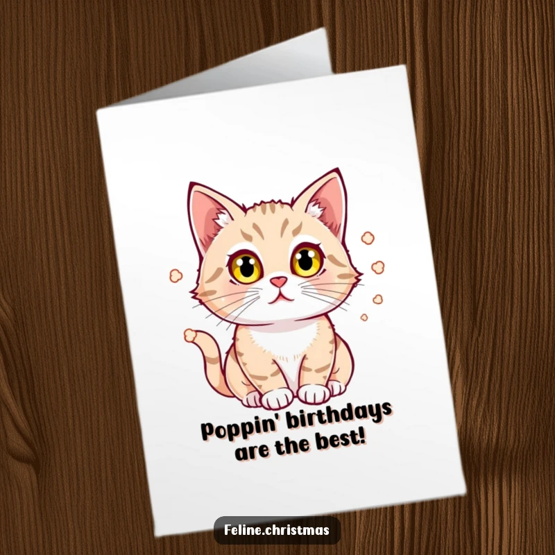 Funny Free Printable Birthday Card: A cat with wide, bright eyes intently watches popcorn bounce.