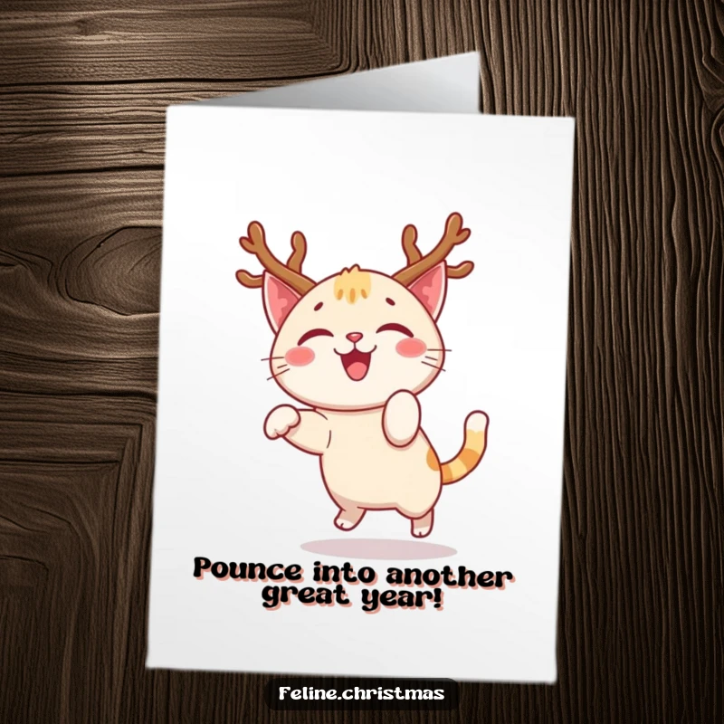 Funny Free Printable Birthday Card: Happy cat wearing festive antlers, mid-joyful pounce, celebrating.