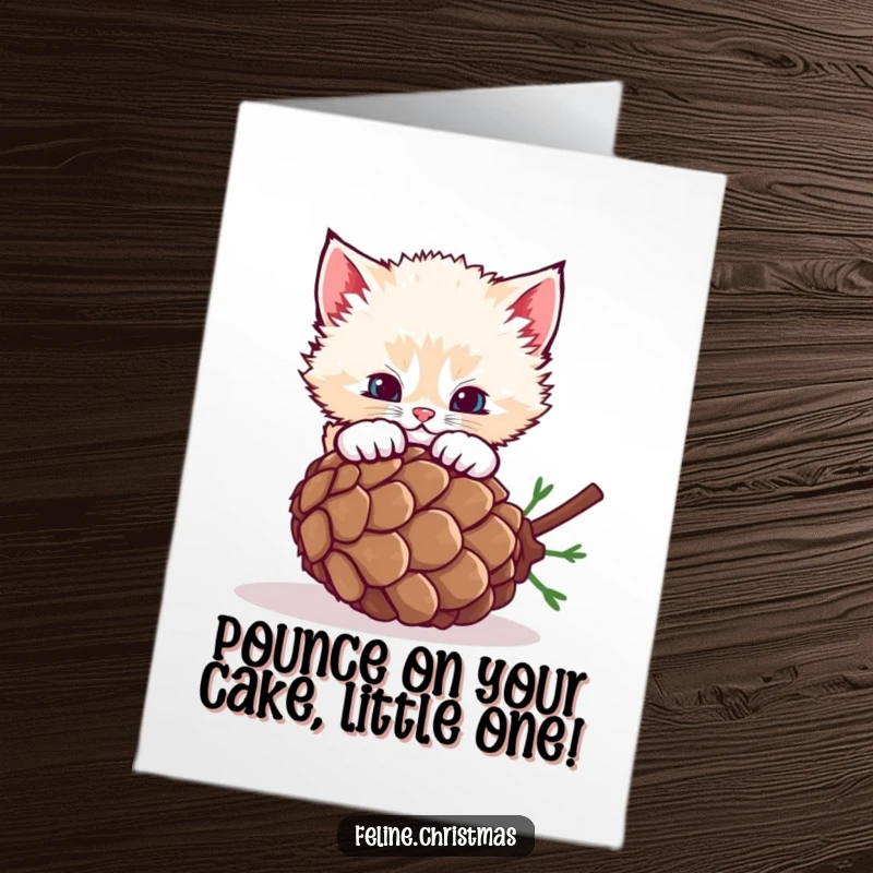 Funny free printable birthday card of an energetic, fluffy kitten playfully pouncing on a rolling pinecone with great excitement.