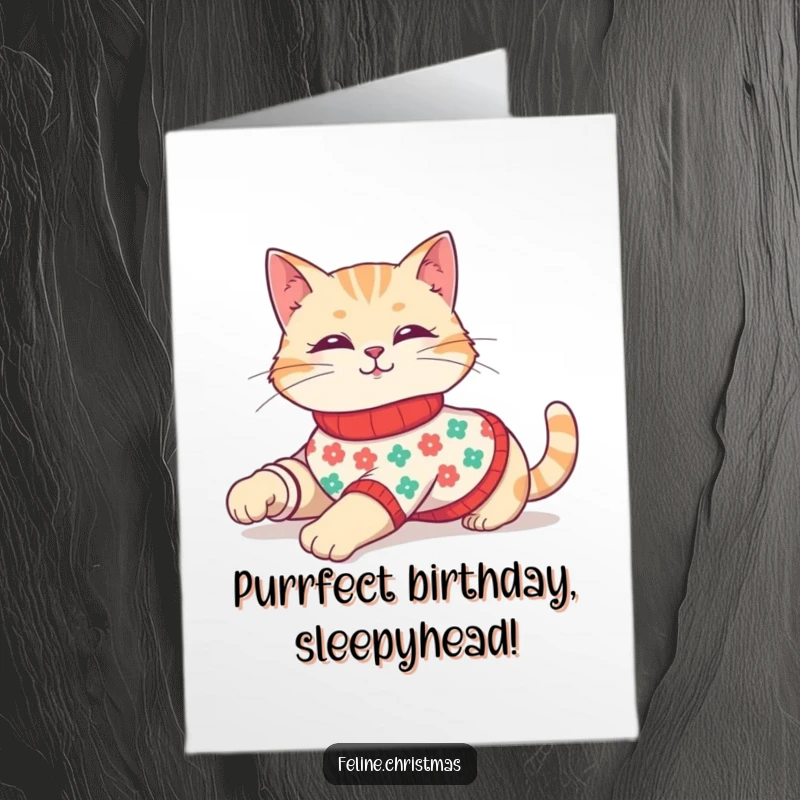 Funny Free Printable Birthday Card: A cute cat wearing a festive sweater stretches lazily with a contented expression.