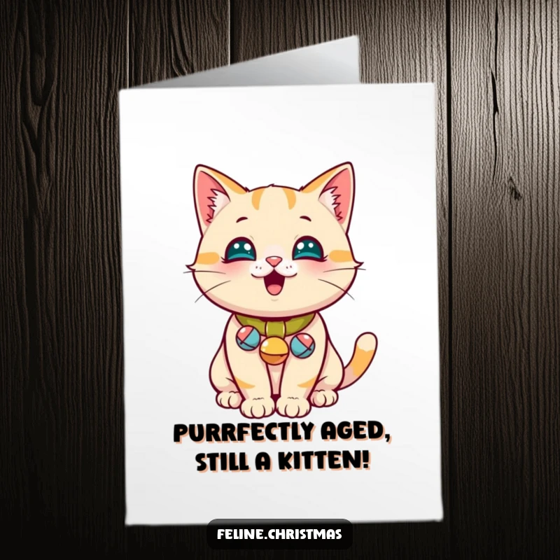 Funny Free Printable Birthday Card: A playful cat with tiny jingle bells on its collar looking mischievous, ready to celebrate.