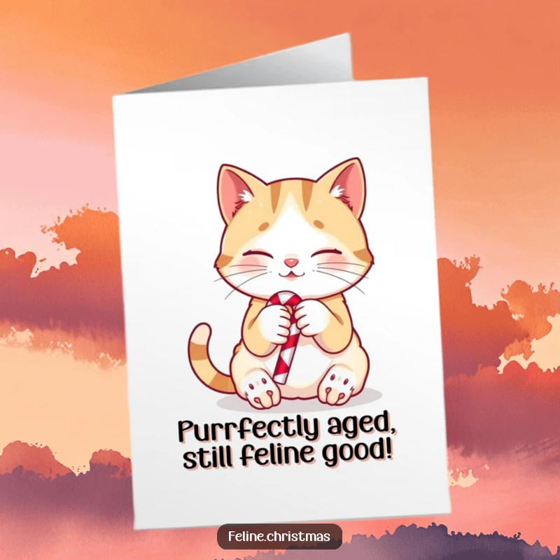 Funny Free Printable Birthday Card featuring a cute playful cat holding a small candy cane and purring with joy.