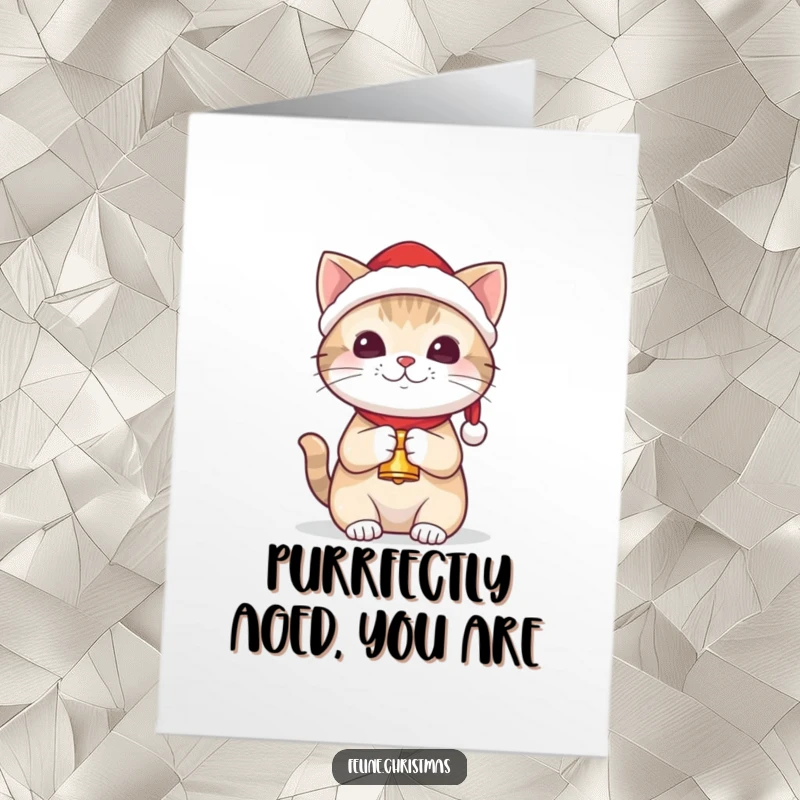 Funny free printable birthday card: Cute kawaii cat wearing a small Santa hat, holding a tiny bell, perfect for holidays.