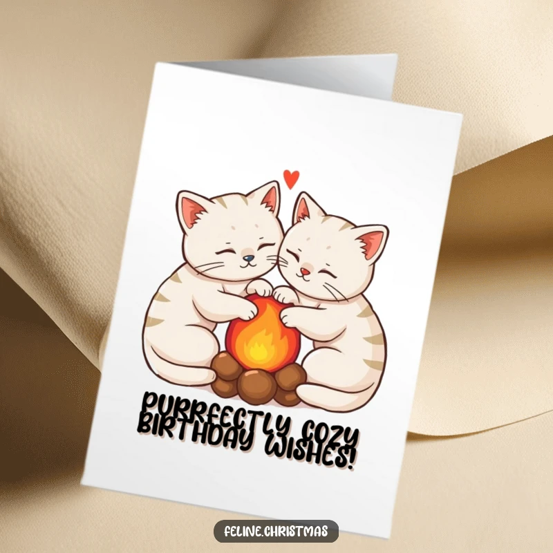 Funny Free Printable Birthday Card: Two kawaii cats curled by a warm hearth, a cozy downloadable gift.