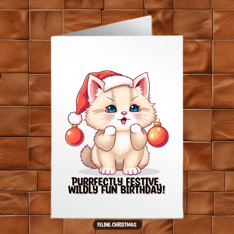 Funny Free Printable Birthday Card featuring a fluffy cat in a Santa hat batting playfully at a Christmas ornament.