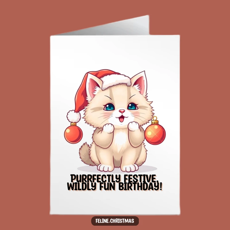 Free Printable Funny Birthday Card: Fluffy Cat Santa Hat Ornament Fun Downloadable Gift