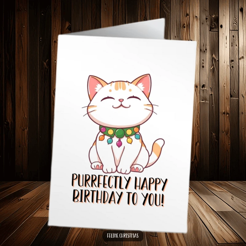 Funny Free Printable Birthday Card: A content cat wearing a festive collar stretches leisurely, radiating birthday relaxation.