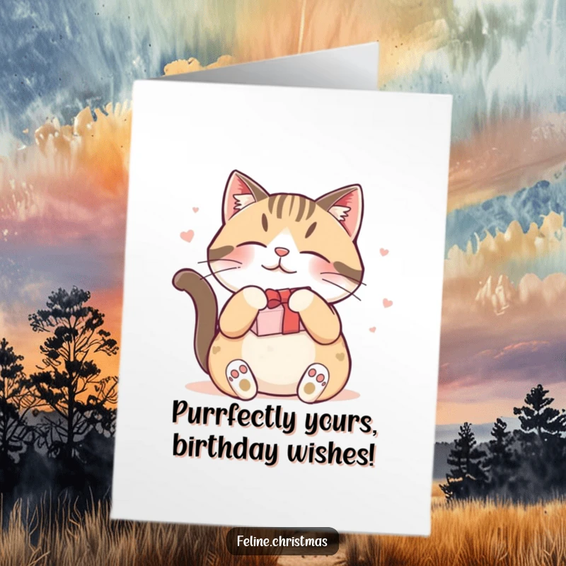 Funny Free Printable Birthday Card: Content cat happily rubs against a festive gift box, full of joy.