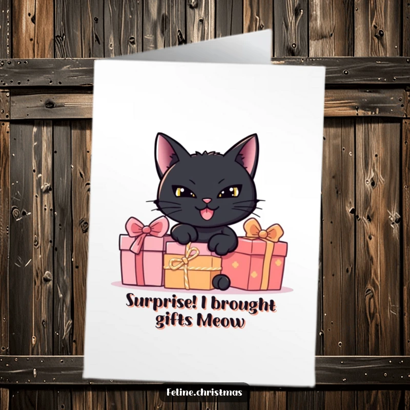 Funny free printable birthday card: a sneaky black cat with a wide, mischievous grin hides behind wrapped birthday presents.