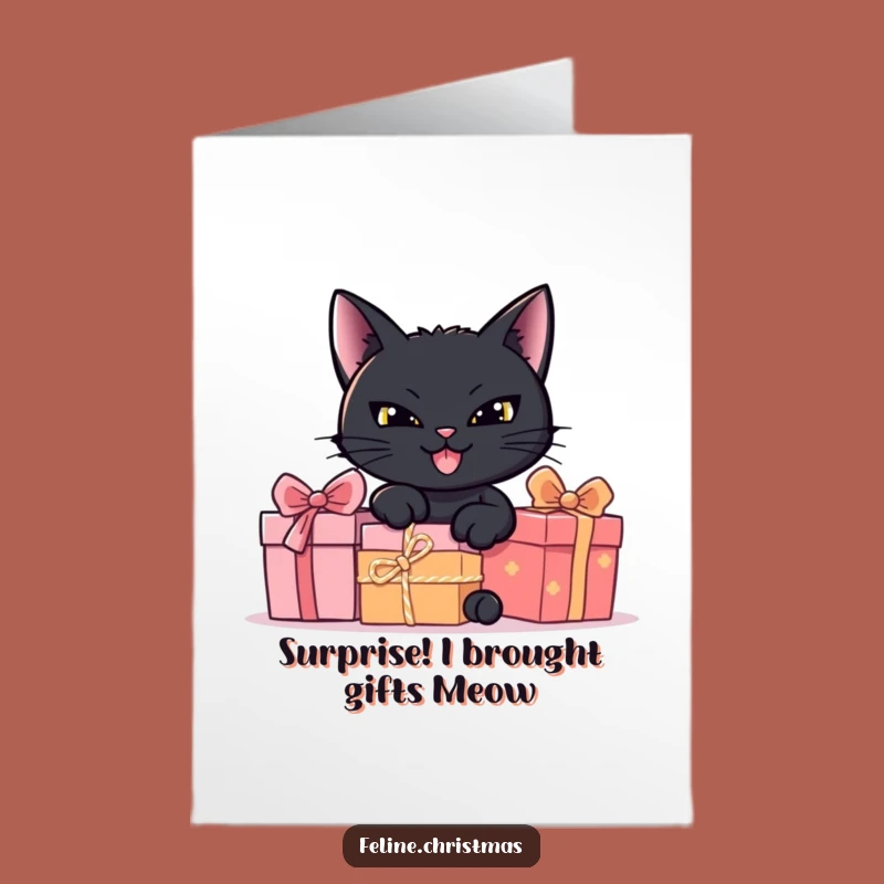 Free Printable Birthday Card: Sneaky Black Cat Behind Presents for a Purr-fect Surprise!