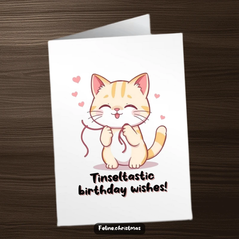 Funny Free Printable Birthday Card: Kawaii cat playfully tangles itself in shiny tinsel, exuding pure birthday joy and mischief.