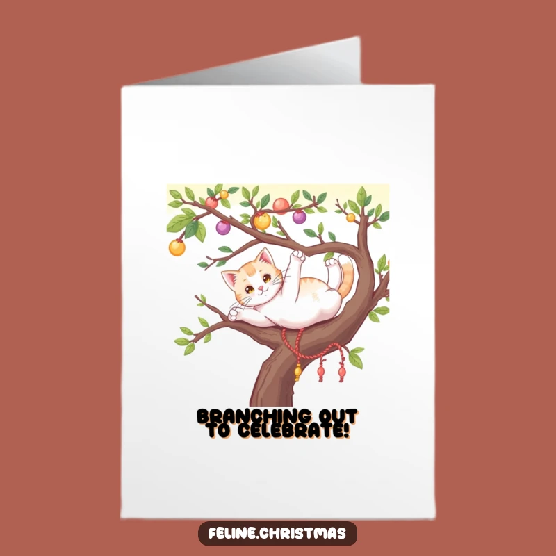 Free Printable Congrats Card: Cat Stretching, Festive Branch, Funny Downloadable