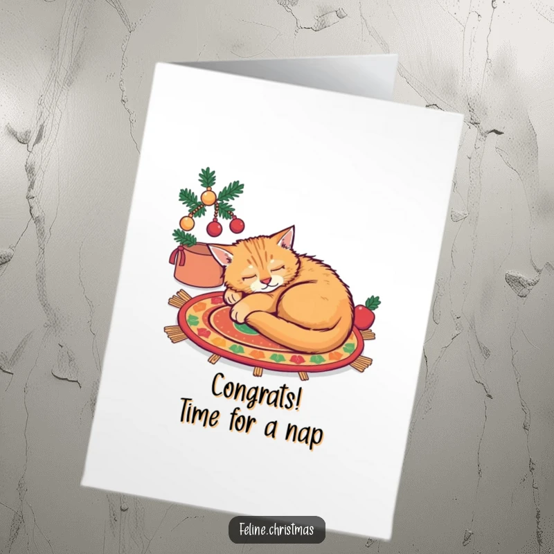 Funny free printable congratulations card featuring a relaxed ginger cat fast asleep on a cozy, festive rug.