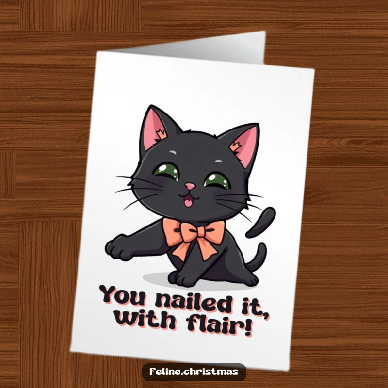 Funny Free Printable Congratulations Card: Black cat sporting a festive bow, stretching in a playful pose.