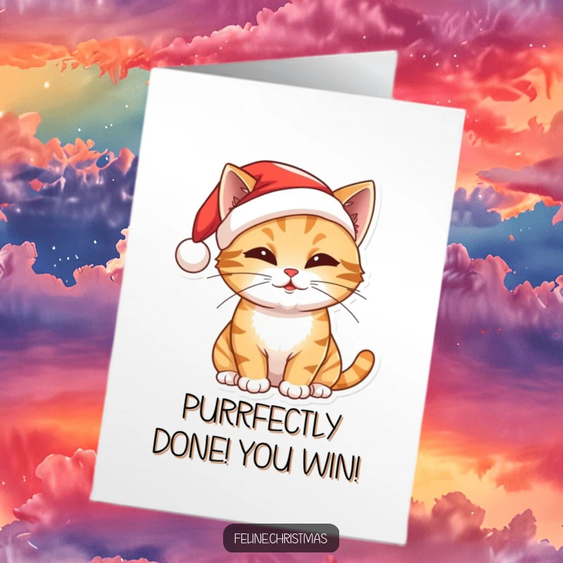 Funny Free Printable Congratulations Card: Playful cat in Santa hat, batting with excitement, celebrating wins.