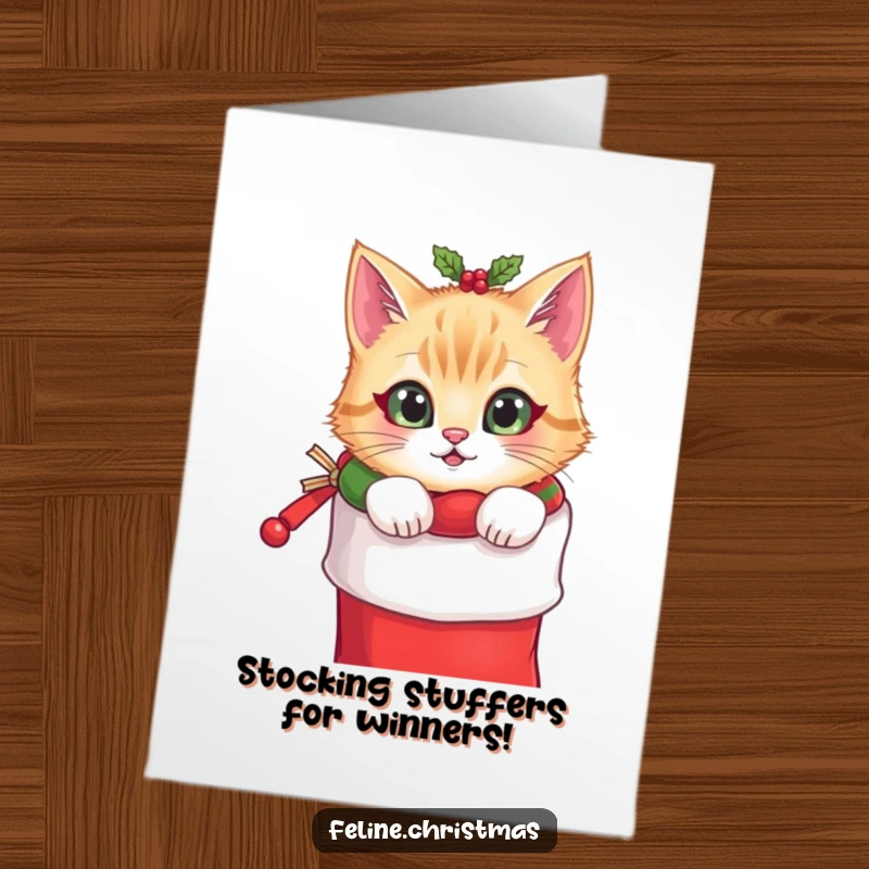 Funny Free Printable Congratulations Card: Cat peeking from stocking, celebrating success with festive flair.