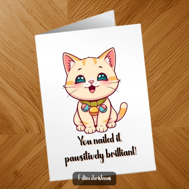 Funny Free Printable Congratulations Card: A cute cat with tiny jingle bells on its collar, celebrating a special achievement with joy.