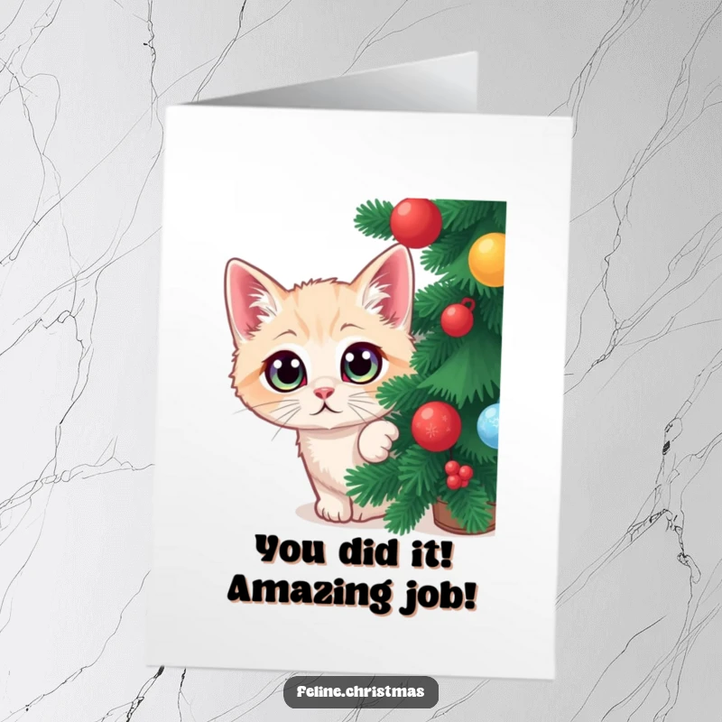 Funny Free Printable Congratulations Card: Cat Peeking Out from Behind Christmas Tree, Eyes Wide with Excitement