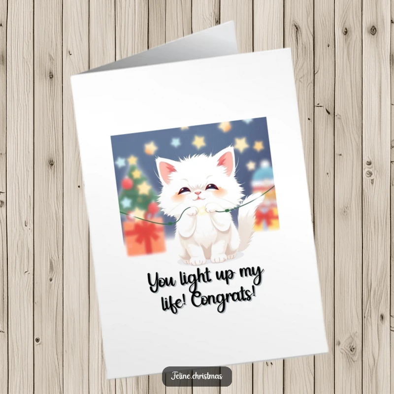 Funny Free Printable Christmas Cat Congrats Card featuring a kawaii white cat playing with Christmas lights.