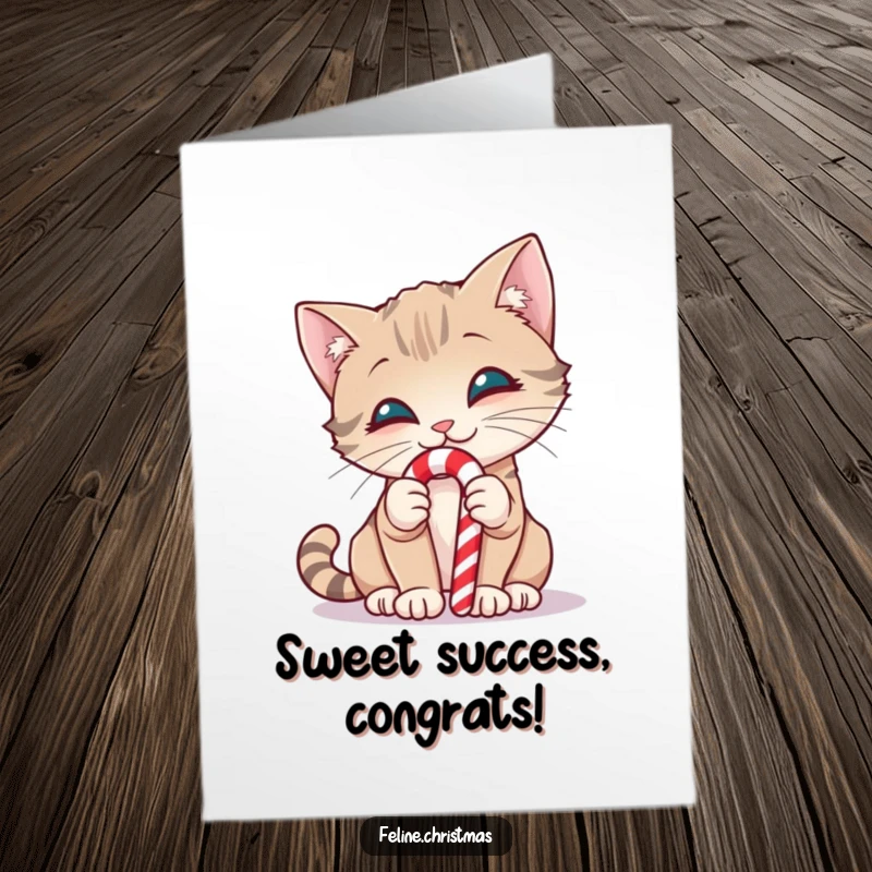 Free Printable Congratulations Card: A smiling cat curiously investigates a festive candy cane with its nose.